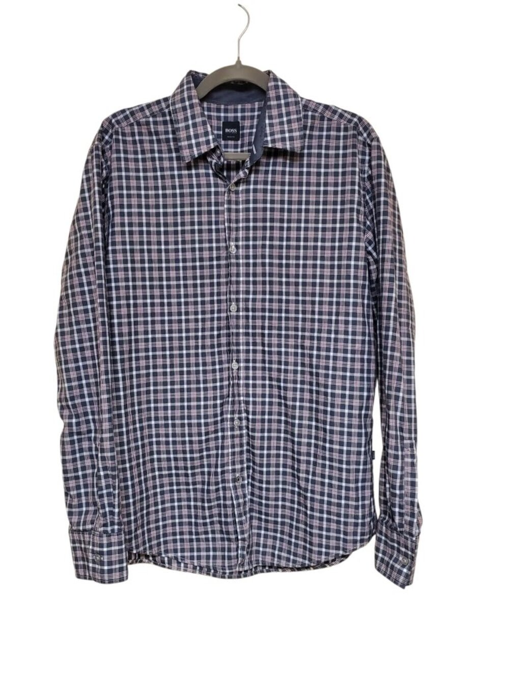 BOSS Hugo Boss Men's Gray White Red Micro Plaid Long Sleeve Button Up Shirt L